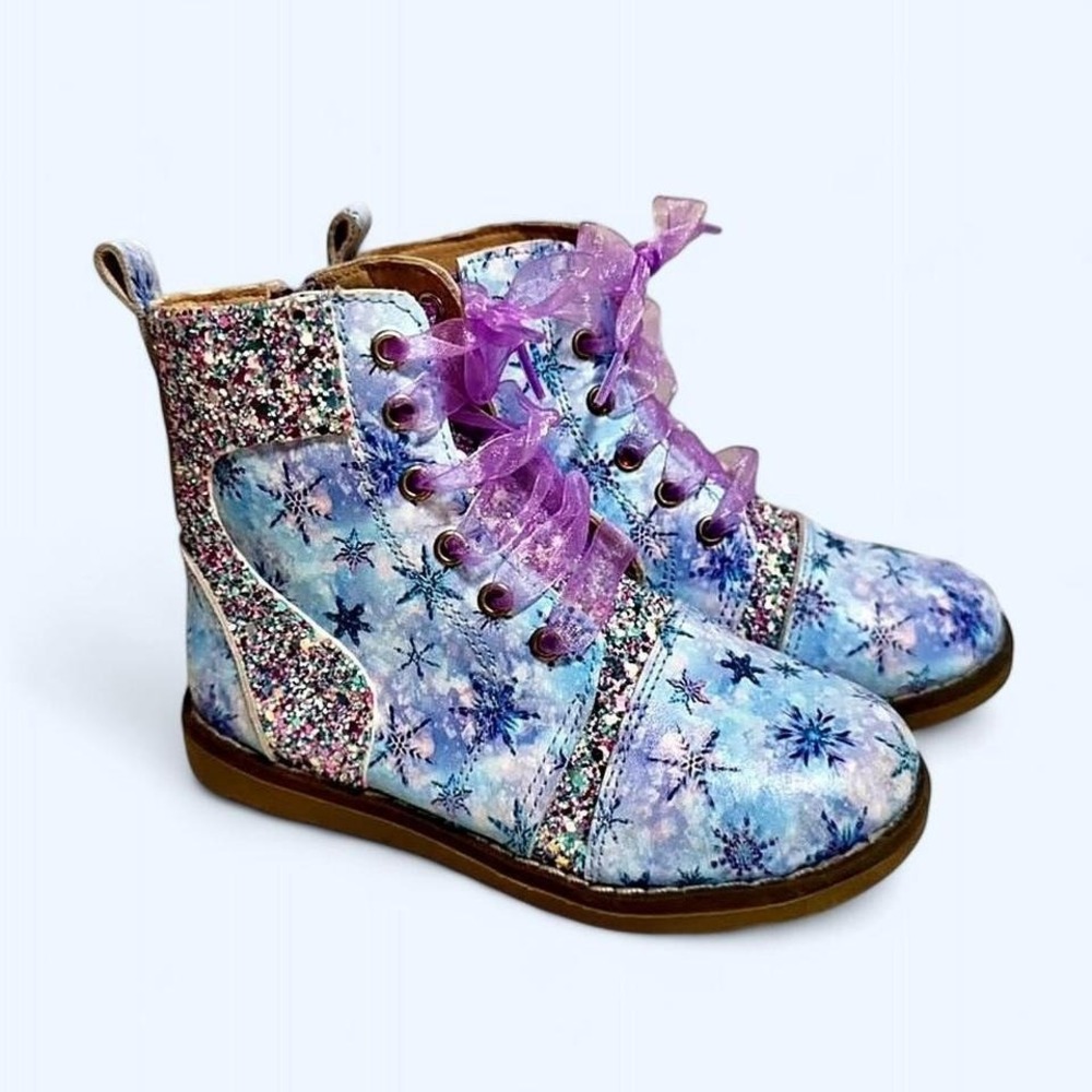 Little Penguin Shoes Kids Snowflake Glitter Lace Up Zip Boots Blue Purple 4-5Y